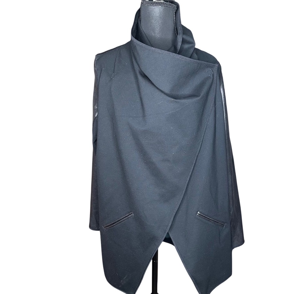 SPANX Black Faux Leather Sleeve Asymmetrical Wrap Jacket Cardigan Women's S